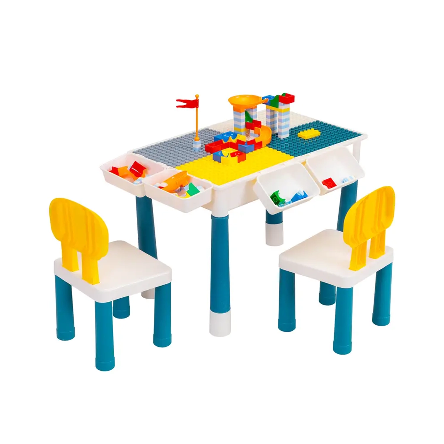 Kid Activity Table Set with 2 Chairs and 100Pcs Large Size Blocks, Compatible with Classic Blocks