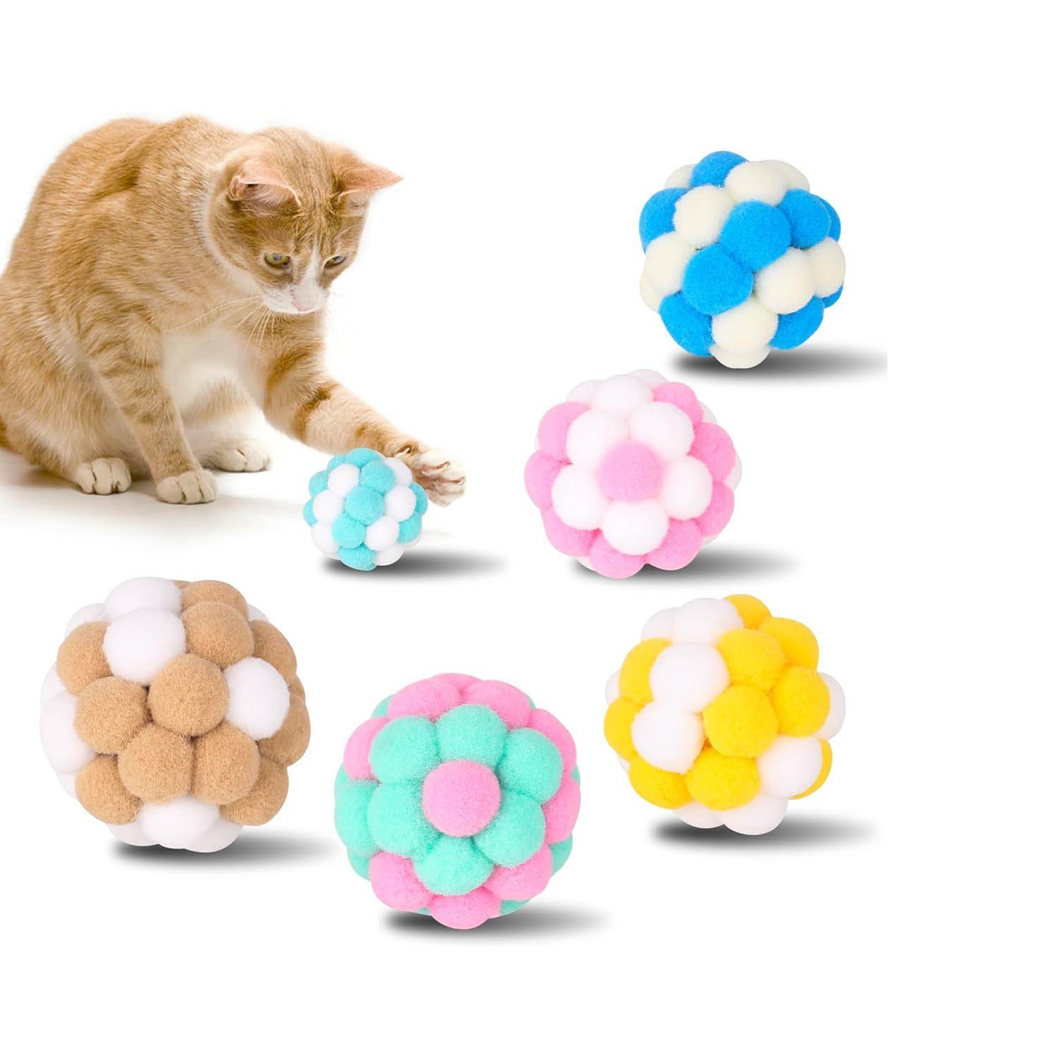 Yasdyri Cat Toys Balls 6 Pieces Colorful Cat Balls with Bells 5cm Soft Cat Pom Poms Balls Cats Interactive Ball Toy