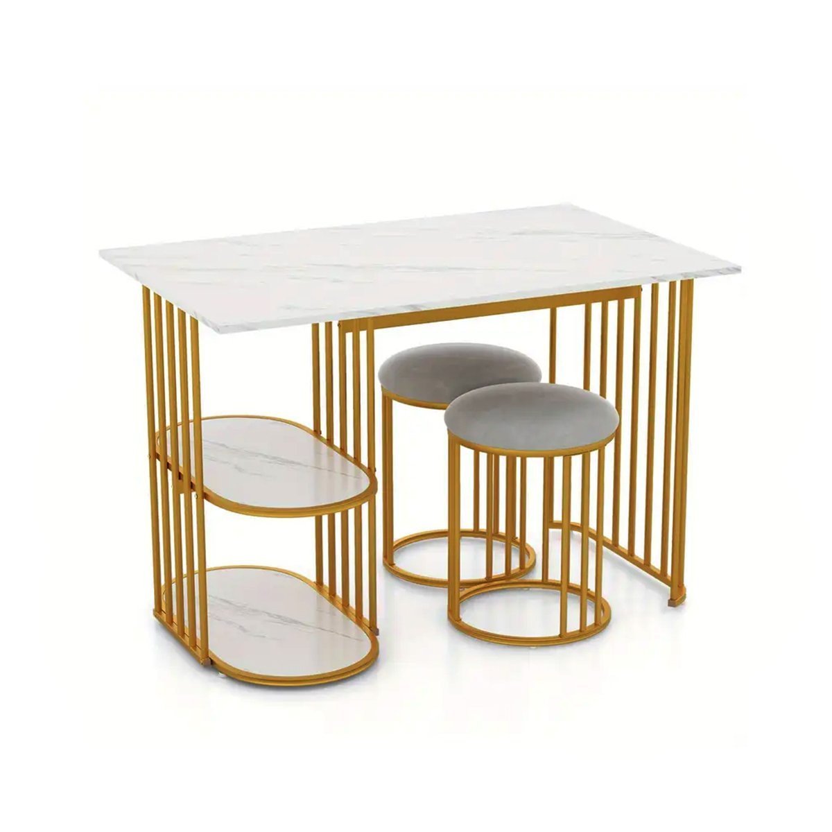 MULTIGOT 3 Piece Dining Table Set with 2 Stools, Rectangular Dining Table for 2 with 2-tier Storage Shelf