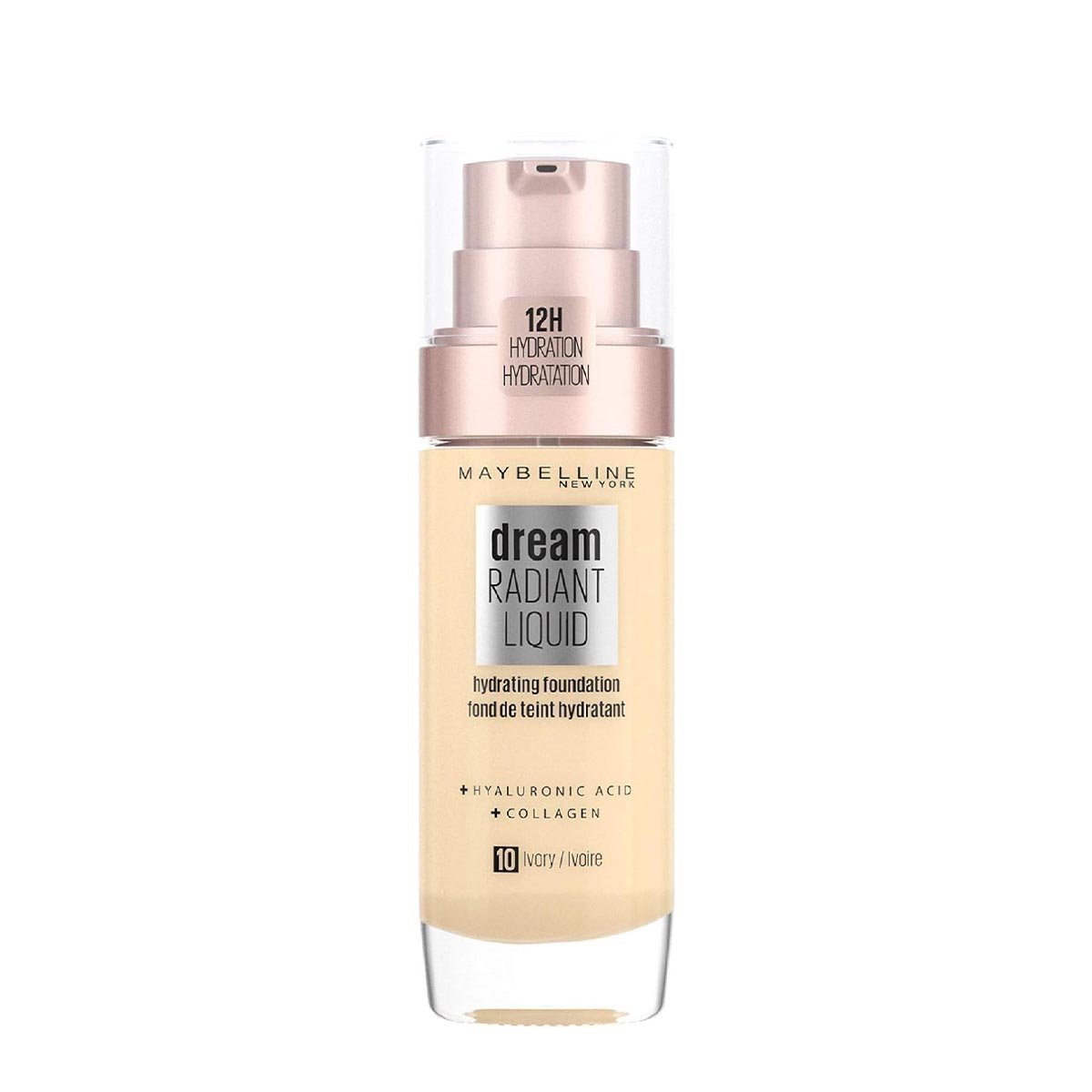 Maybelline Foundation, Dream Radiant Liquid Hydrating Foundation with Hyaluronic Acid and Collagen - Lightweight, Medium Coverage Up to 12 Hour Hydration - 10 Ivory