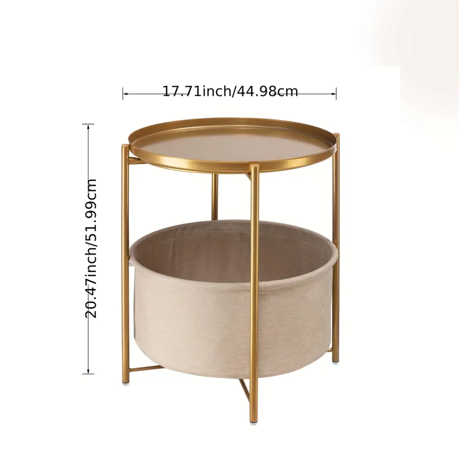 Round Side Table With Fabric Storage Basket, Metal Small Bedside Nightstand With Removable Tray - Image 2