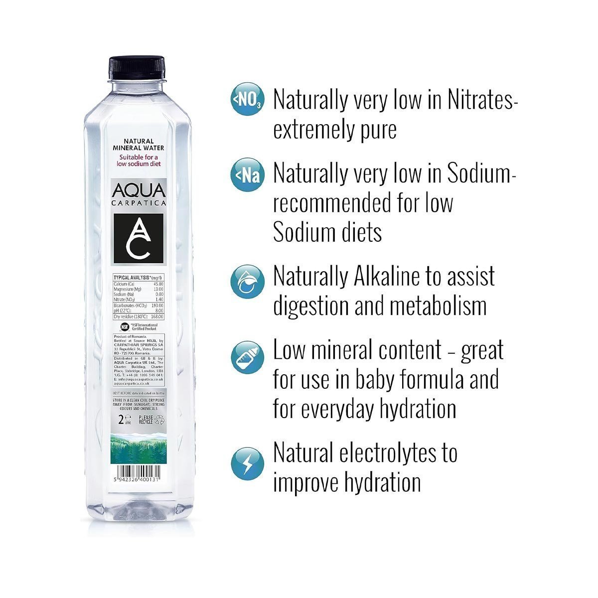 AQUA Carpatica 2L x 6 Pure Natural Still Mineral Water - 6-Pack Bottled Water, Virtually Nitrate Free, Low Sodium, Naturally Alkaline, Natural Electrolytes, Premium Multipack 100% Recyclable - Image 2