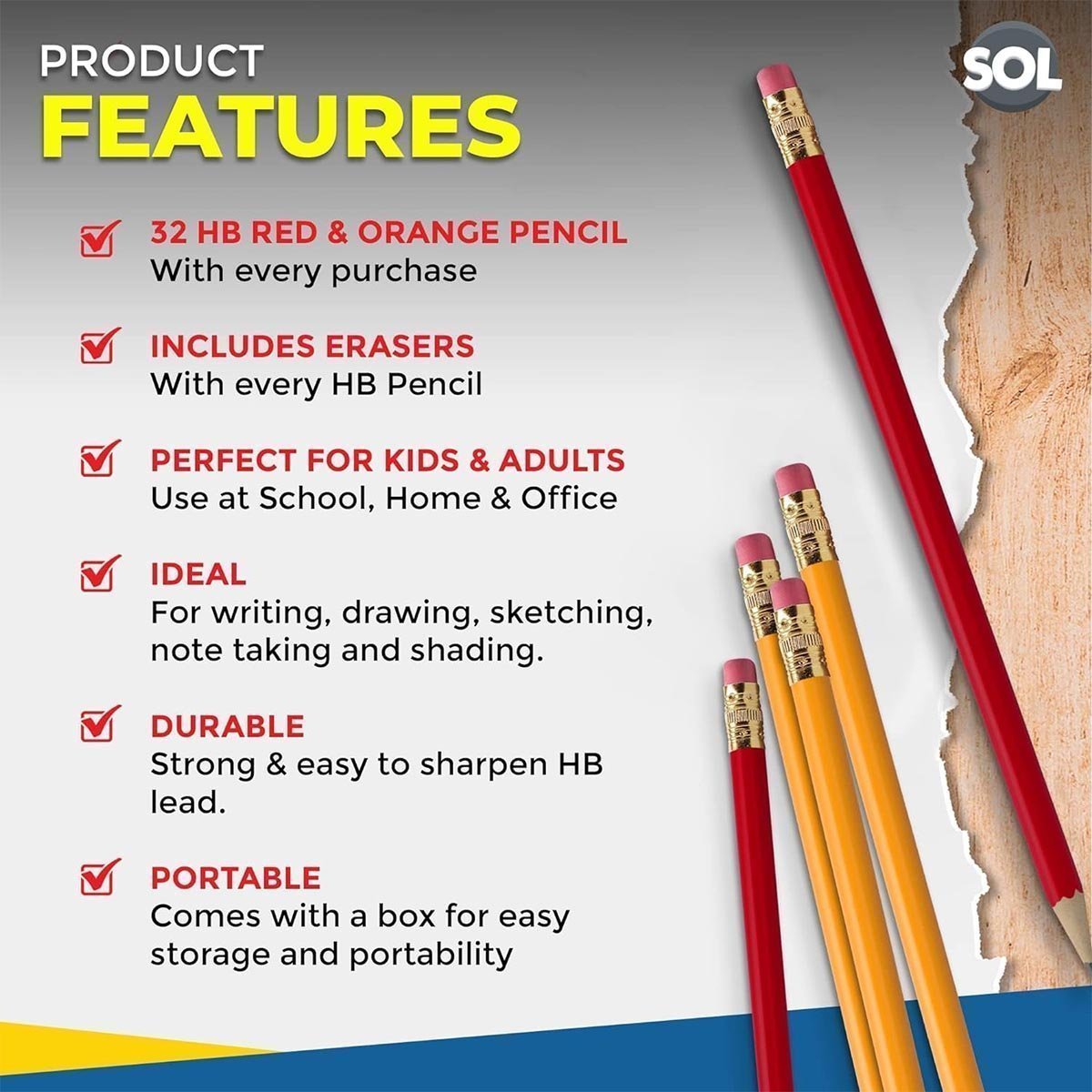 SOL 64pk HB Pencils With Rubbers On The End | HB Pencil Pack with Erasers - Image 4