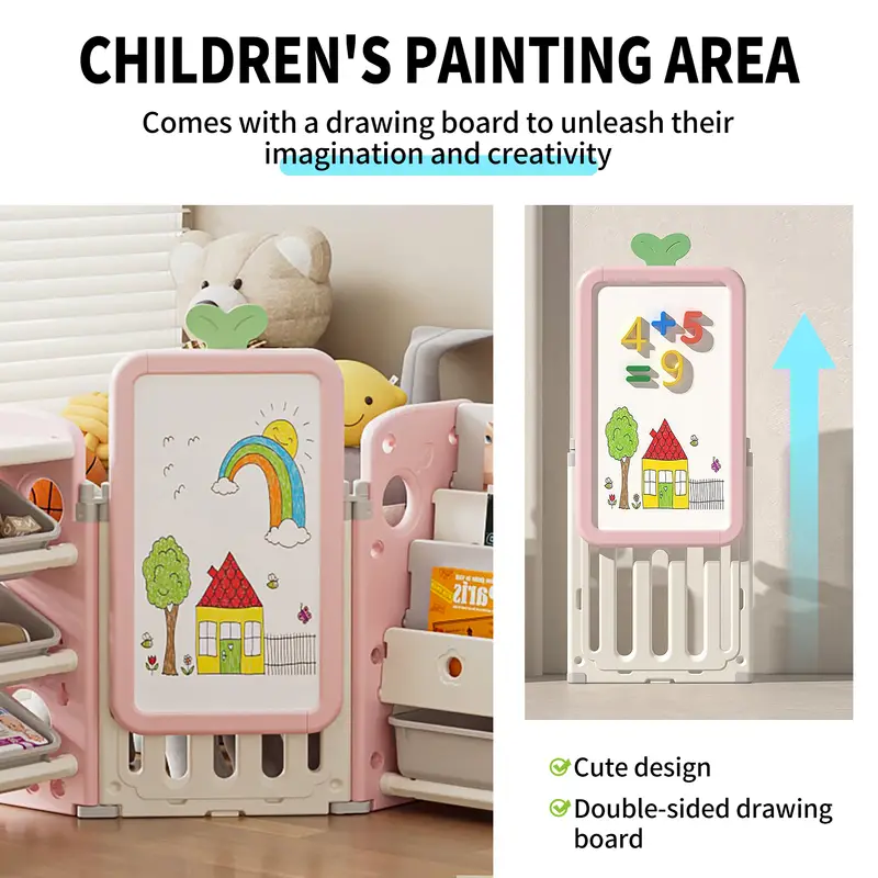 Kids Multifunctional Toy Storage Organizer with 3-Tier Bookshelf, Storage Rack & Drawing Board - Image 4