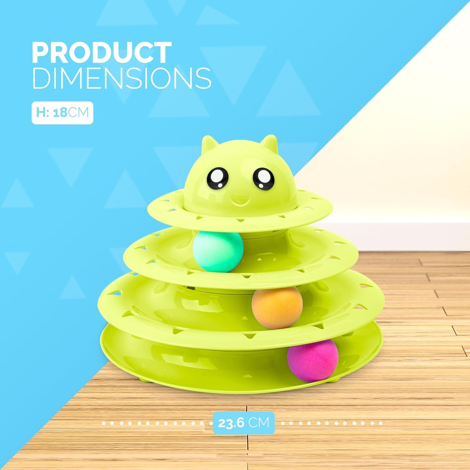 FurDreams Cat Roller Ball Toy Interactive - Green, 3 Tier Tower Fun Cat Ball Track Toy with 3 Colour Balls - Image 2