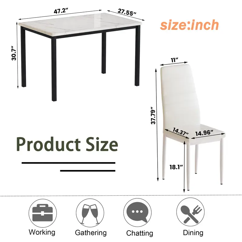 Lamerge Modern 5-Piece Dining Table Set with Faux Marble Countertops and 4 Beige Faux Leather Upholstered Chairs - Image 2