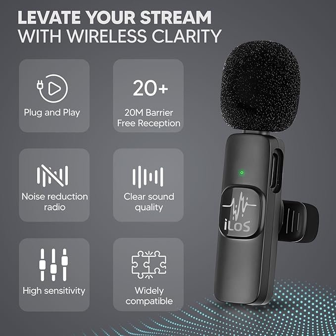 ILOS Wireless Lavalier Microphone for Android Clip-On Mic, Noise Reduction, 65ft Range, 8H Battery, Bluetooth, Plug & Play - Ideal for Vlogging, YouTube, Podcasts, Interviews - Image 2