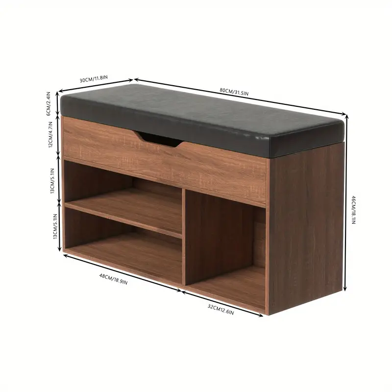 Homy Casa Compact Shoe Storage Bench, 31.5" Walnut Finish with 4 Storage Cubbies, Upholstered Seat, Ideal for Entryway or Hallway - Image 2