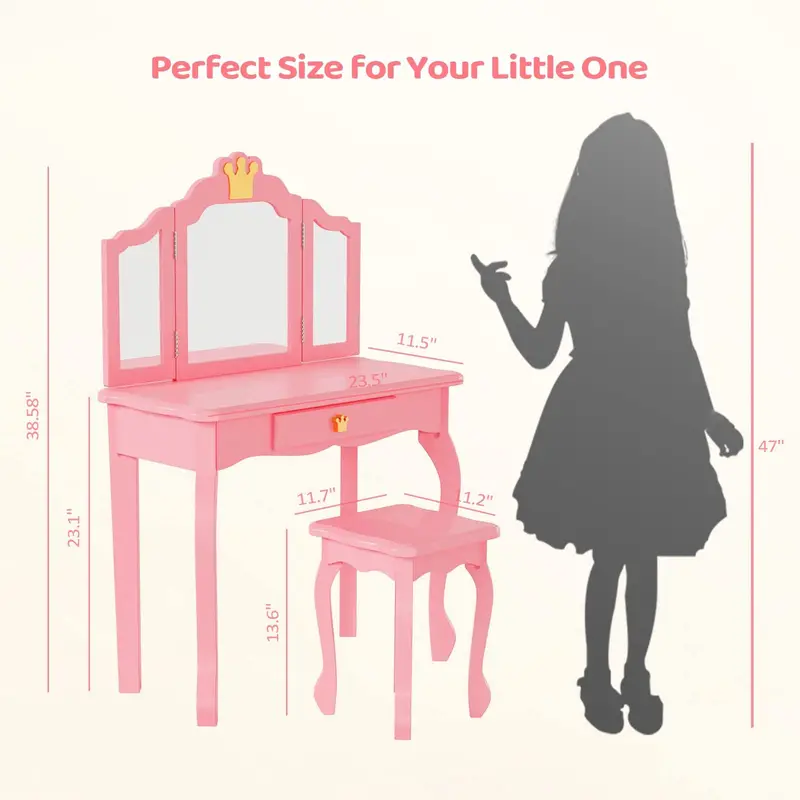 Kids Princess Vanity Table and Chair Set, Kids Vanity Set with Drawer & Tri-Folding Mirror - Image 3