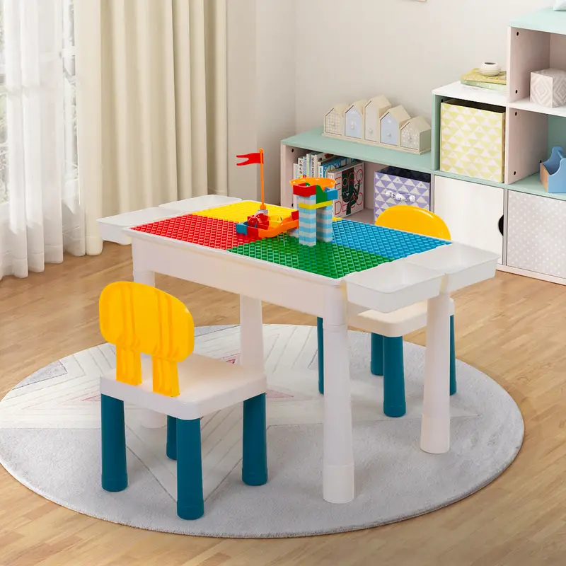 Kid Activity Table Set with 2 Chairs and 100Pcs Large Size Blocks, Compatible with Classic Blocks - Image 3