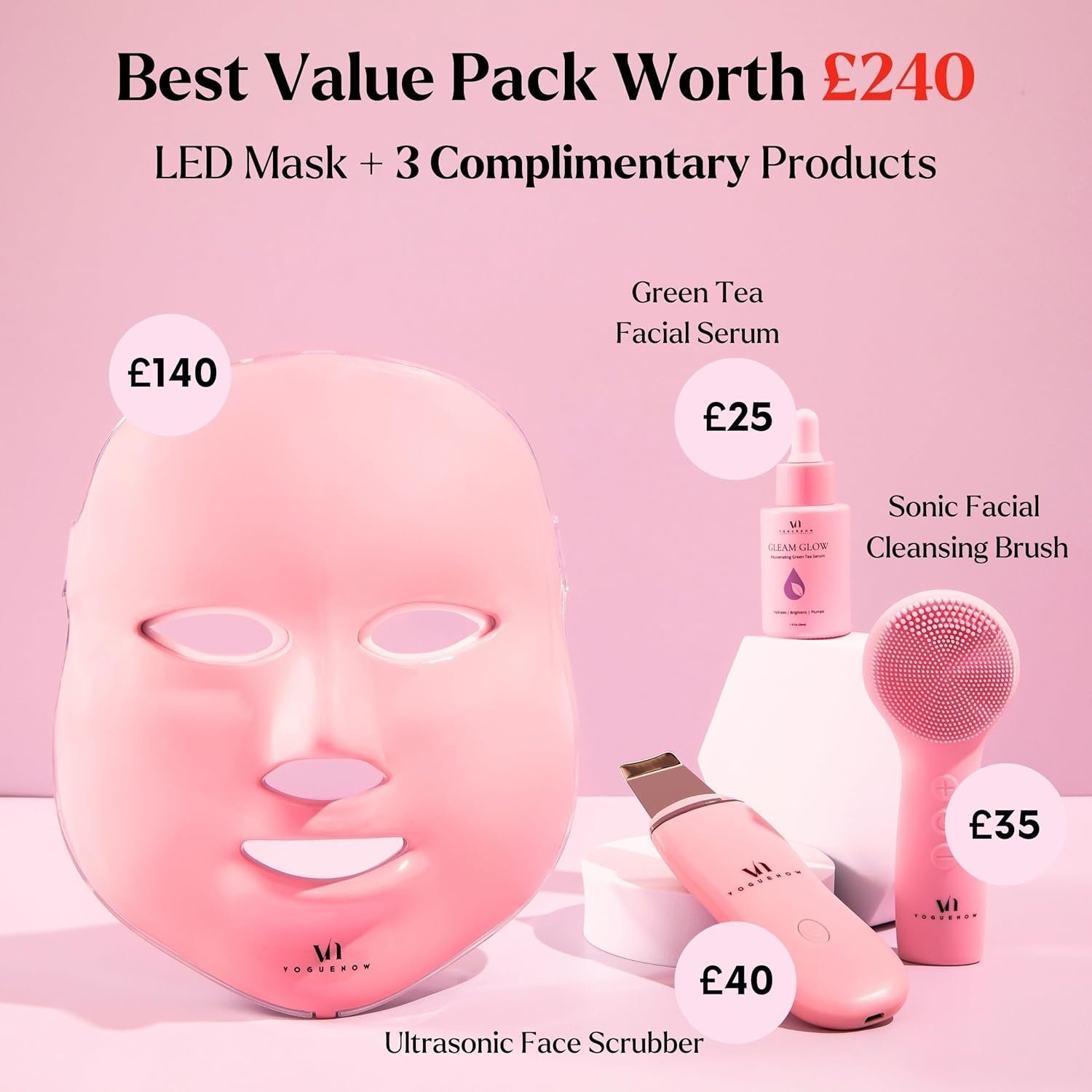 LED Face Mask Light Therapy Premium Spa Kit (4 Pcs) - With Ultrasonic Scrubber, Sonic Brush & Green Tea Serum - Image 2