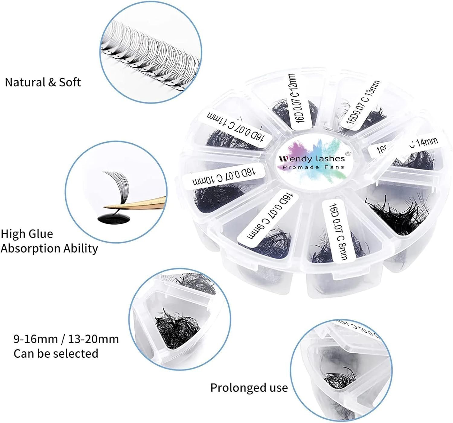 Pre Made Fan Eyelash Extensions 16D 0.07mm D Curl 500 Fans 9-16mm, (500-16D-0.07-D-916) - Image 3