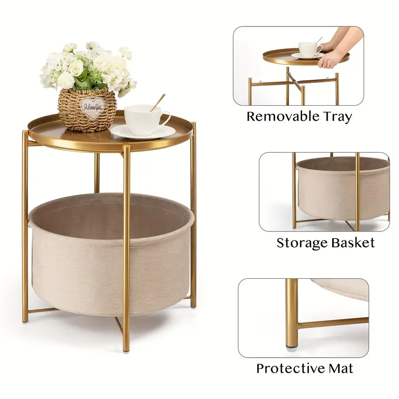 Round Side Table With Fabric Storage Basket, Metal Small Bedside Nightstand With Removable Tray - Image 3