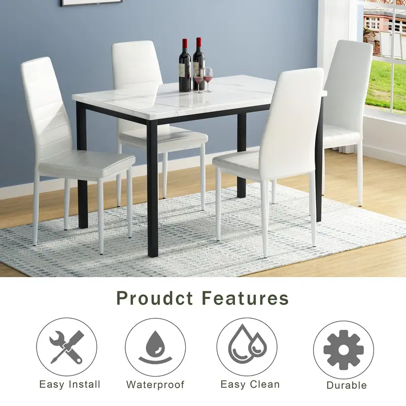 Lamerge Modern 5-Piece Dining Table Set with Faux Marble Countertops and 4 Beige Faux Leather Upholstered Chairs - Image 3