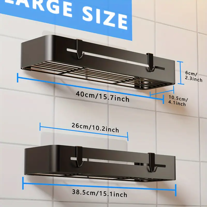 2pcs Shower Caddy For Bathroom Storage, Sticky Shower Organiser, No Drilling Required, Large Capacity, Stainless Steel Bathroom Organiser, Shower Shelf, Black - Image 2