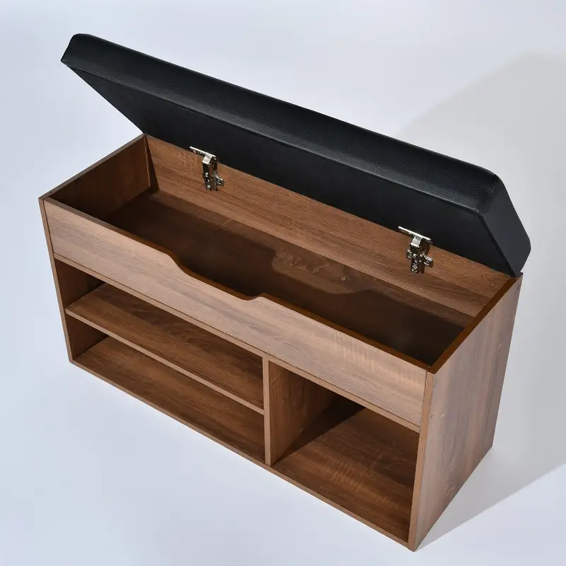 Homy Casa Compact Shoe Storage Bench, 31.5" Walnut Finish with 4 Storage Cubbies, Upholstered Seat, Ideal for Entryway or Hallway - Image 3