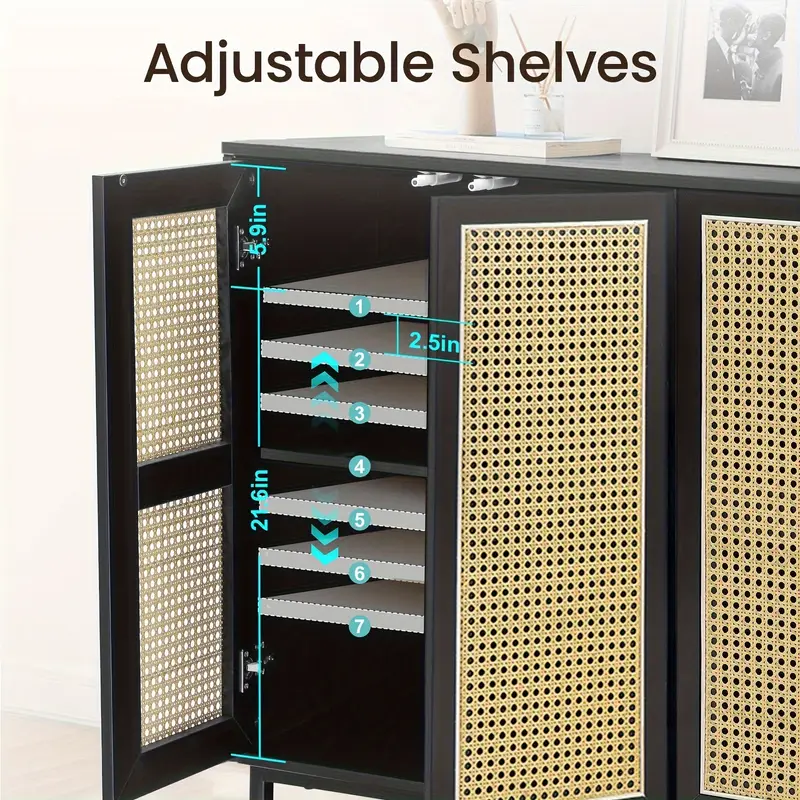 Buffets Cabinet Storage, Rattan Décor 4-door Sideboard Kitchen Storage With Adjustable Shelves - Image 2