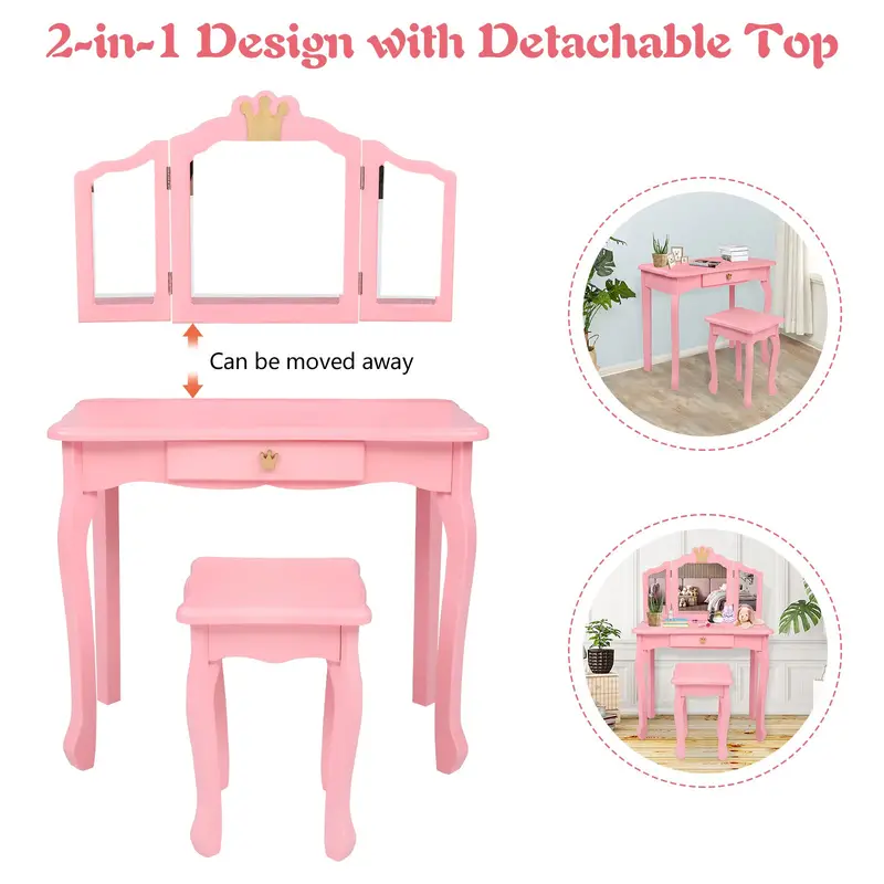 Kids Princess Vanity Table and Chair Set, Kids Vanity Set with Drawer & Tri-Folding Mirror - Image 2