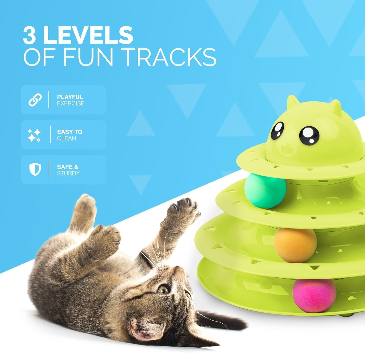 FurDreams Cat Roller Ball Toy Interactive - Green, 3 Tier Tower Fun Cat Ball Track Toy with 3 Colour Balls - Image 4