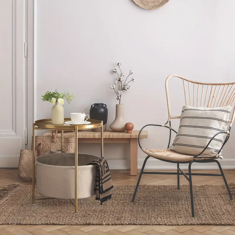 Round Side Table With Fabric Storage Basket, Metal Small Bedside Nightstand With Removable Tray - Image 4