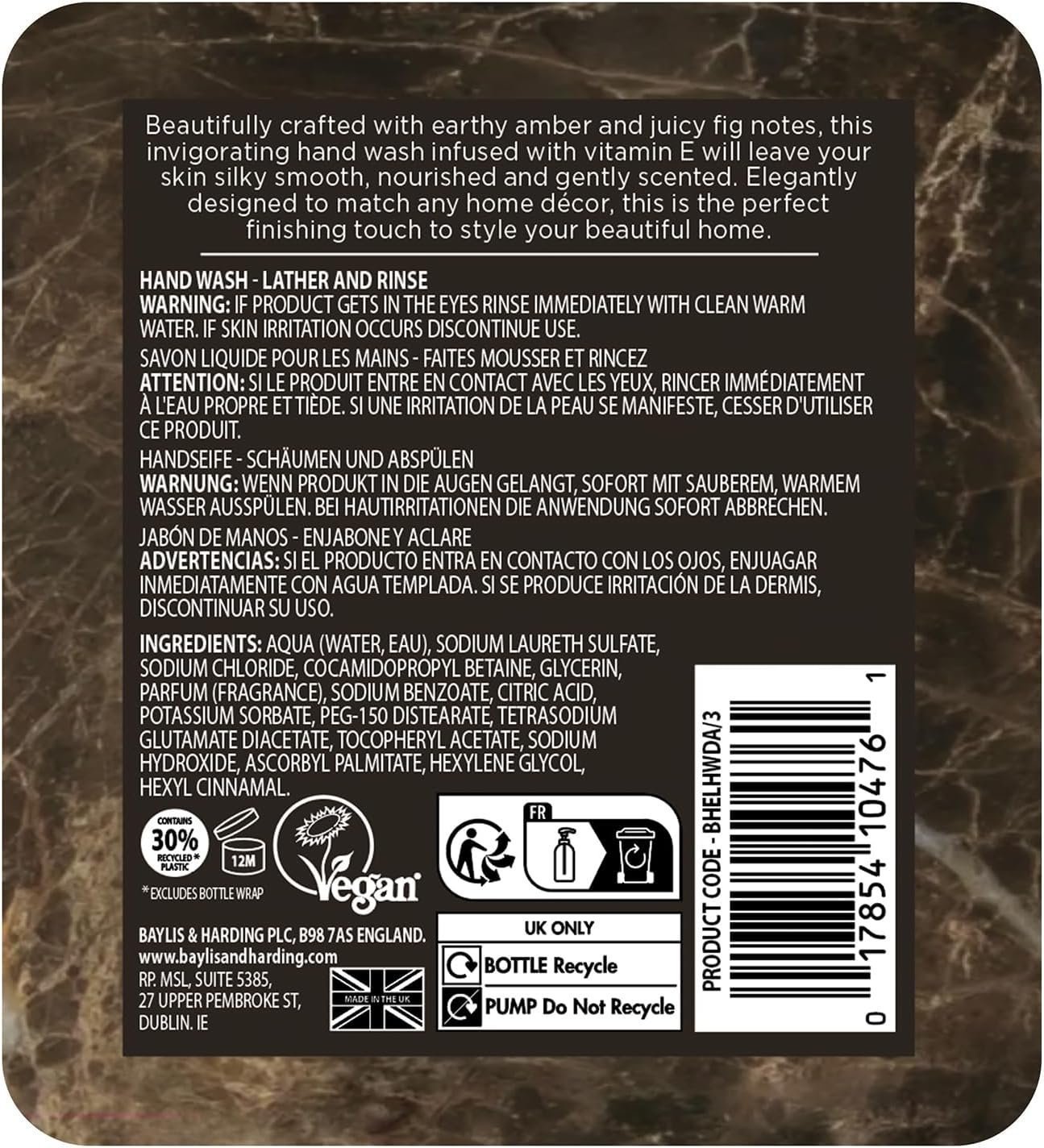 Baylis & Harding Dark Amber & Fig Elements Hand Wash, 500 ml (Pack of 3) - Vegan Friendly - Image 4