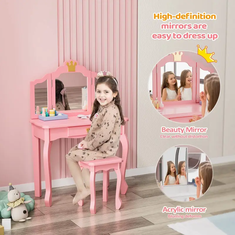 Kids Princess Vanity Table and Chair Set, Kids Vanity Set with Drawer & Tri-Folding Mirror - Image 4