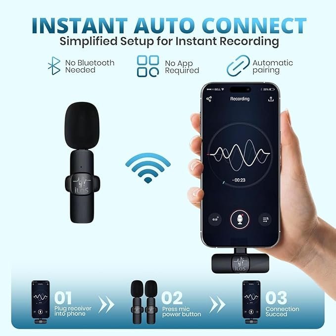 ILOS Wireless Lavalier Microphone for iPhone & Android Clip-On Mic, Noise Reduction, 65ft Range, 8H Battery, Bluetooth, Plug & Play - Ideal for Vlogging, YouTube, Podcasts, Interviews - Image 5