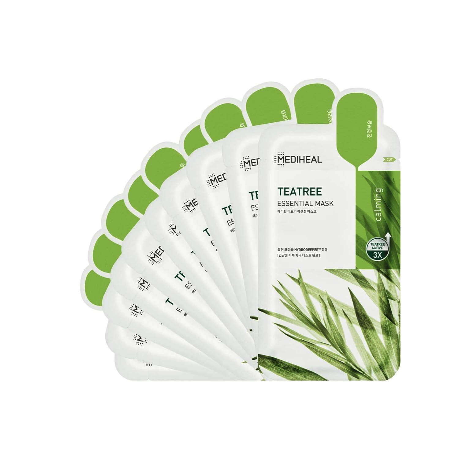 MEDIHEAL Teatree Care Solution Essential Mask, Pack of 10 Cotton Facial Sheet Mask with Tea Tree Oil and Cica Extracts