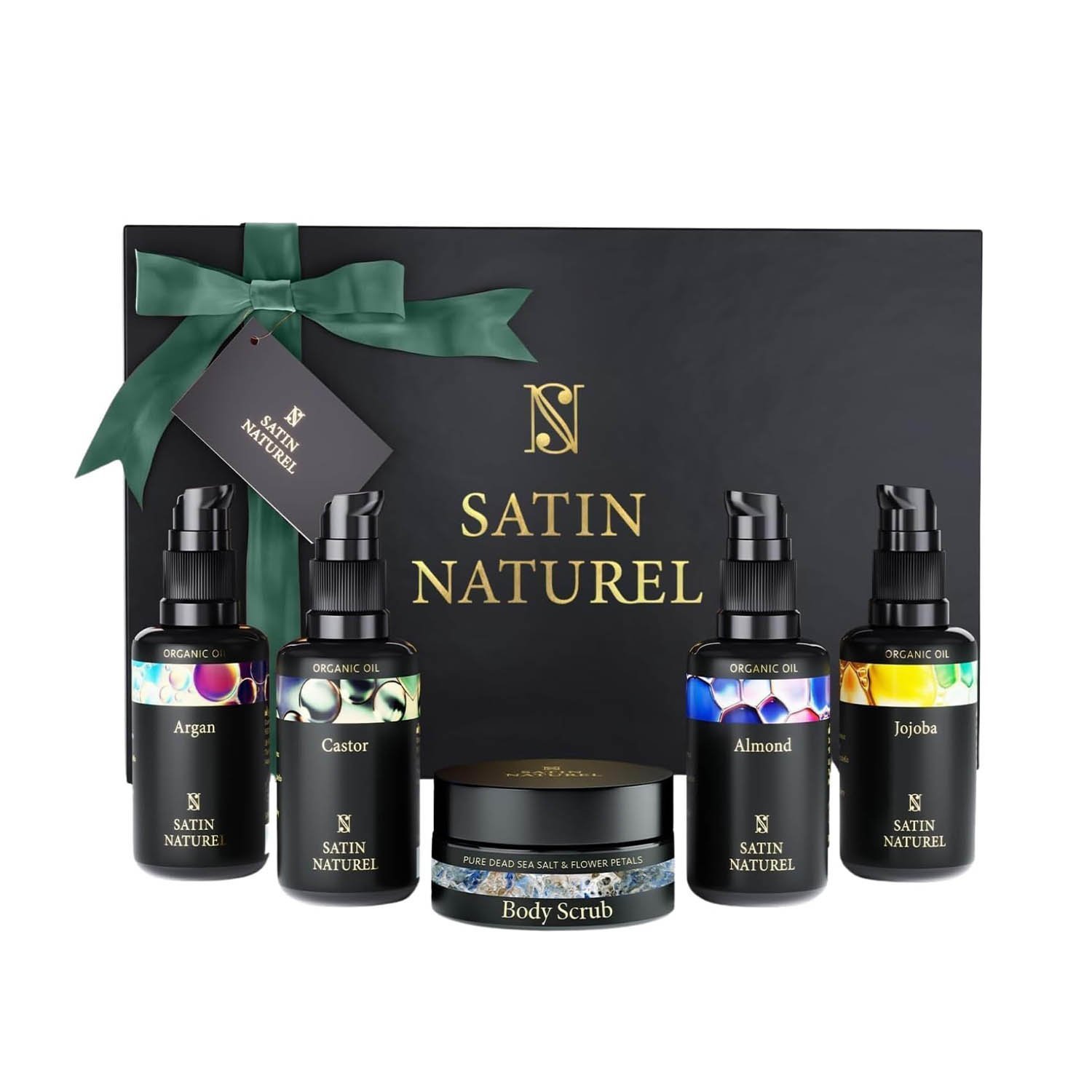 Christmas Gifts for Women with Organic Hair Growth Oil + Argan Oil + Jojoba Oil + Almond Oil + Castor Oil & Body Scrub 5x30ml