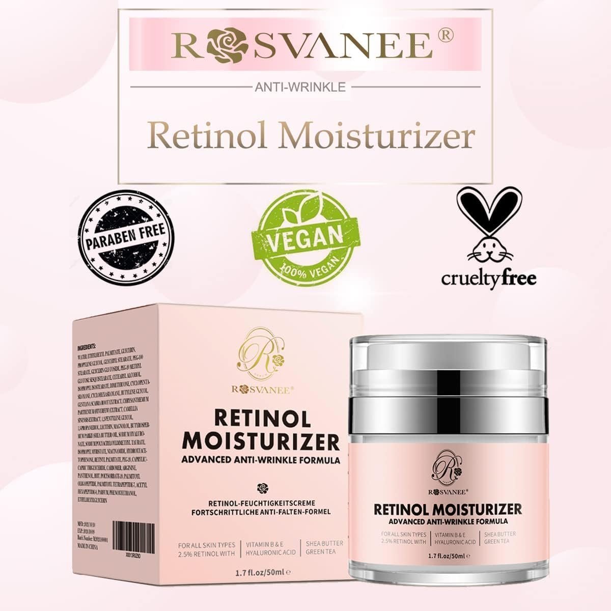 ROSVANEE Retinol Moisturizer Anti Aging Cream for Face, Neck and Eye with 2.5% Retinol, Hyaluronic Acid and Vitamins E & B5 - Image 6
