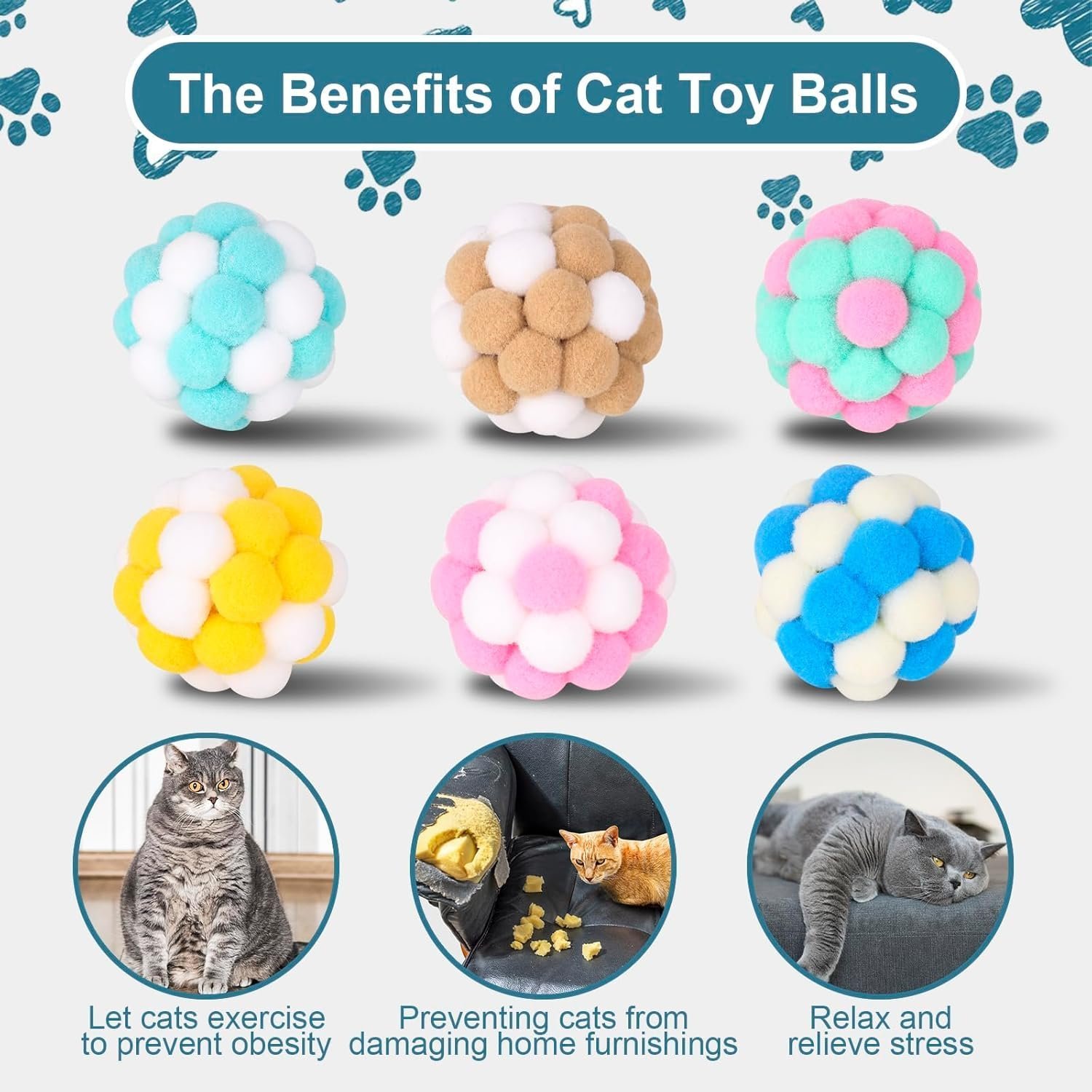 Yasdyri Cat Toys Balls 6 Pieces Colorful Cat Balls with Bells 5cm Soft Cat Pom Poms Balls Cats Interactive Ball Toy - Image 4
