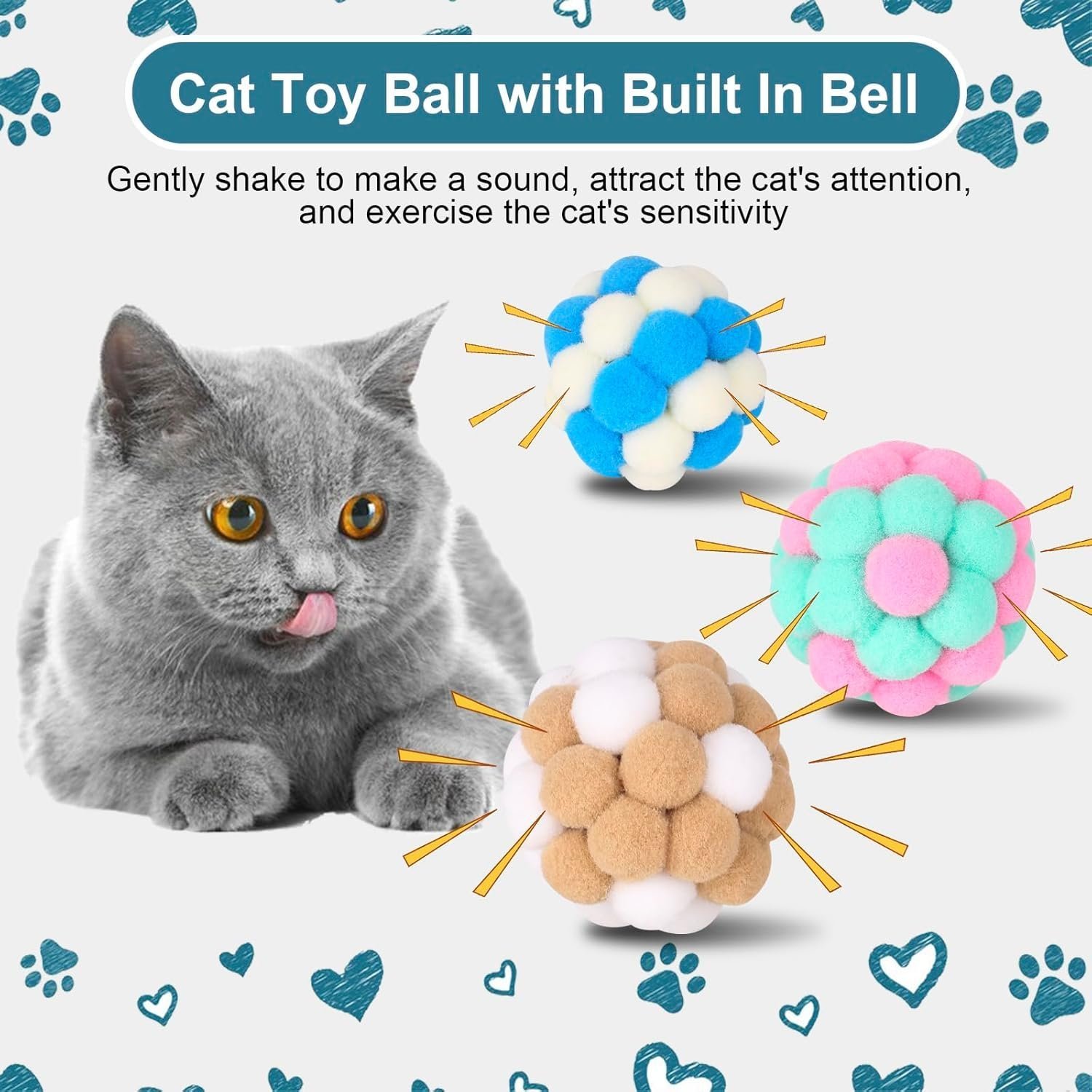 Yasdyri Cat Toys Balls 6 Pieces Colorful Cat Balls with Bells 5cm Soft Cat Pom Poms Balls Cats Interactive Ball Toy - Image 5