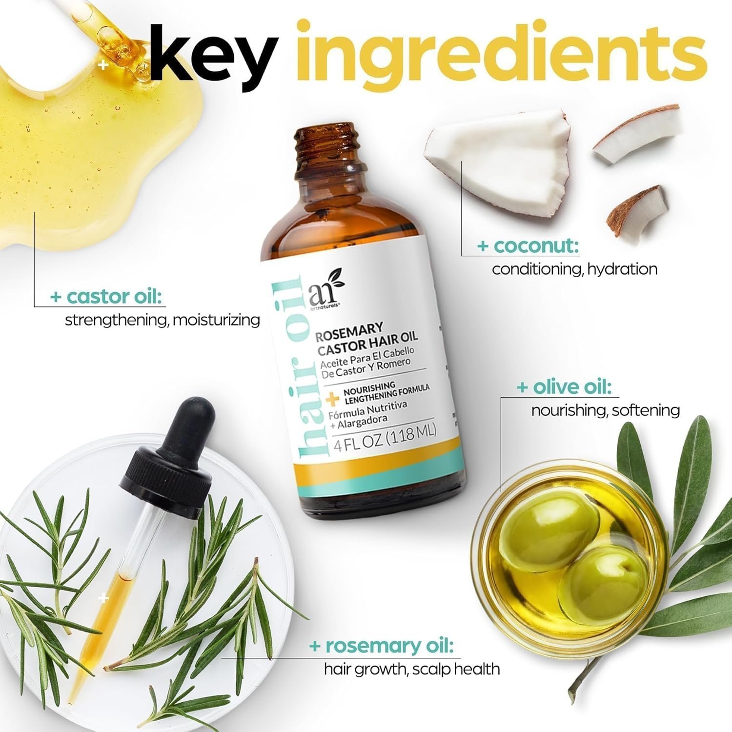 Artnaturals Organic Rosemary Castor Hair Oil + Scalp Massager Hair Growth Set Hair Growth Oil 118ml ounces - Image 4