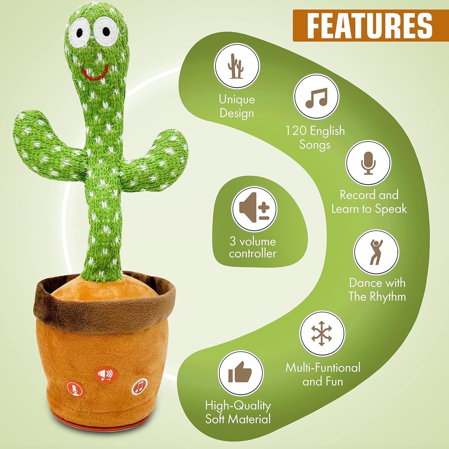 Ava's Toys Talking Cactus Toy for Boys and Girls - Repeat What You Say - Singing, Dancing, Voice Recording Plush Learning Toys - Image 4