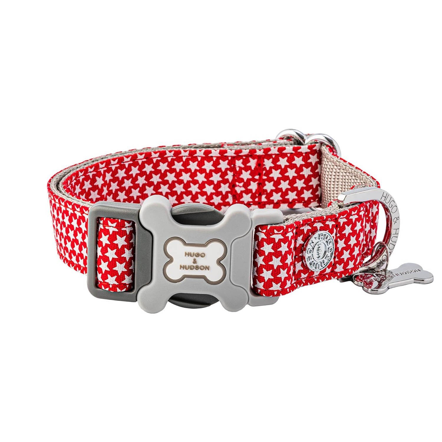 HUGO & HUDSON Nylon Dog Collar with Quick Release Safety Buckle, Red Star, M