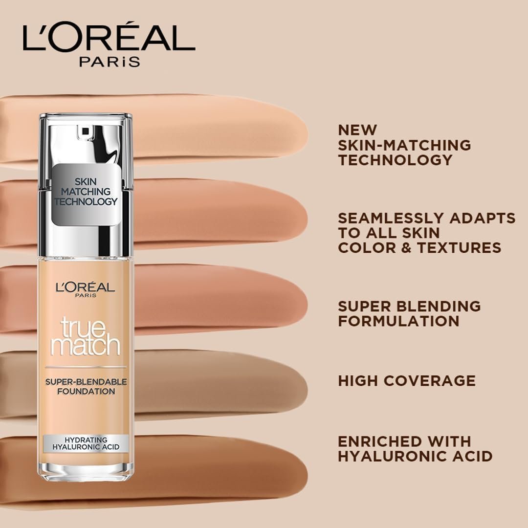 L'Oreal Paris True Match Liquid Foundation, Skincare Infused with Hyaluronic Acid, SPF 17, Available in 40 Shades, 3W, 30 m - Image 2